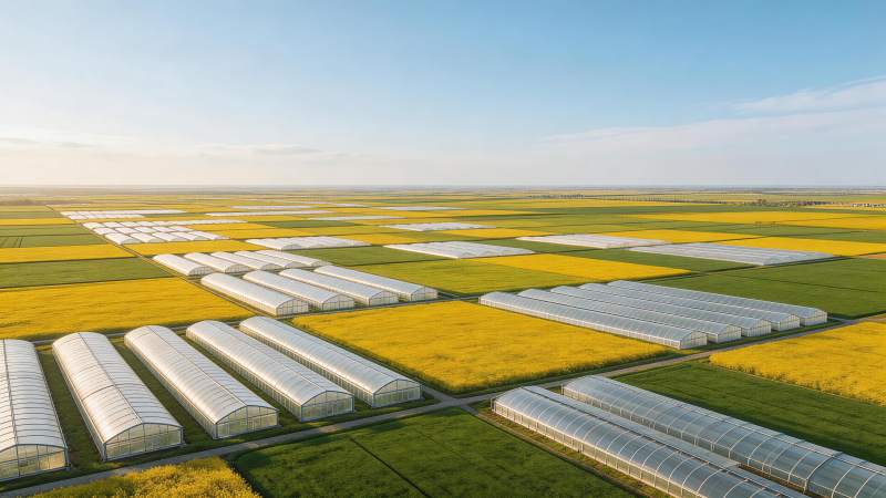 大片农田中整齐排列的温室大棚与油菜花田图片