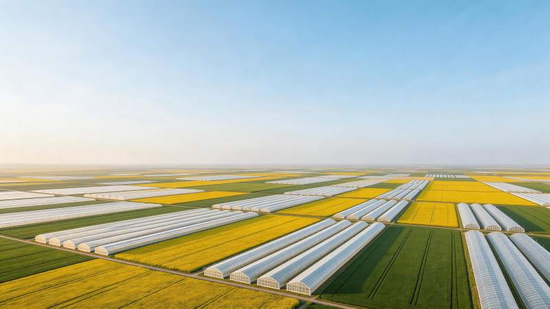 大片农田与连排温室大棚航拍景观图片