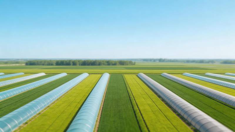 整齐排列的农业大棚与绿色农田景观图片