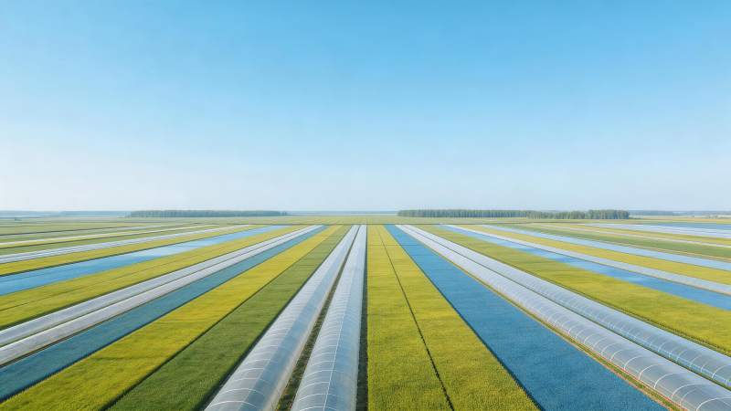 整齐排列的农田温室大棚与灌溉水渠景观图片