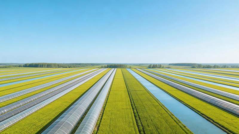 整齐排列的农田温室与水渠航拍景观图片