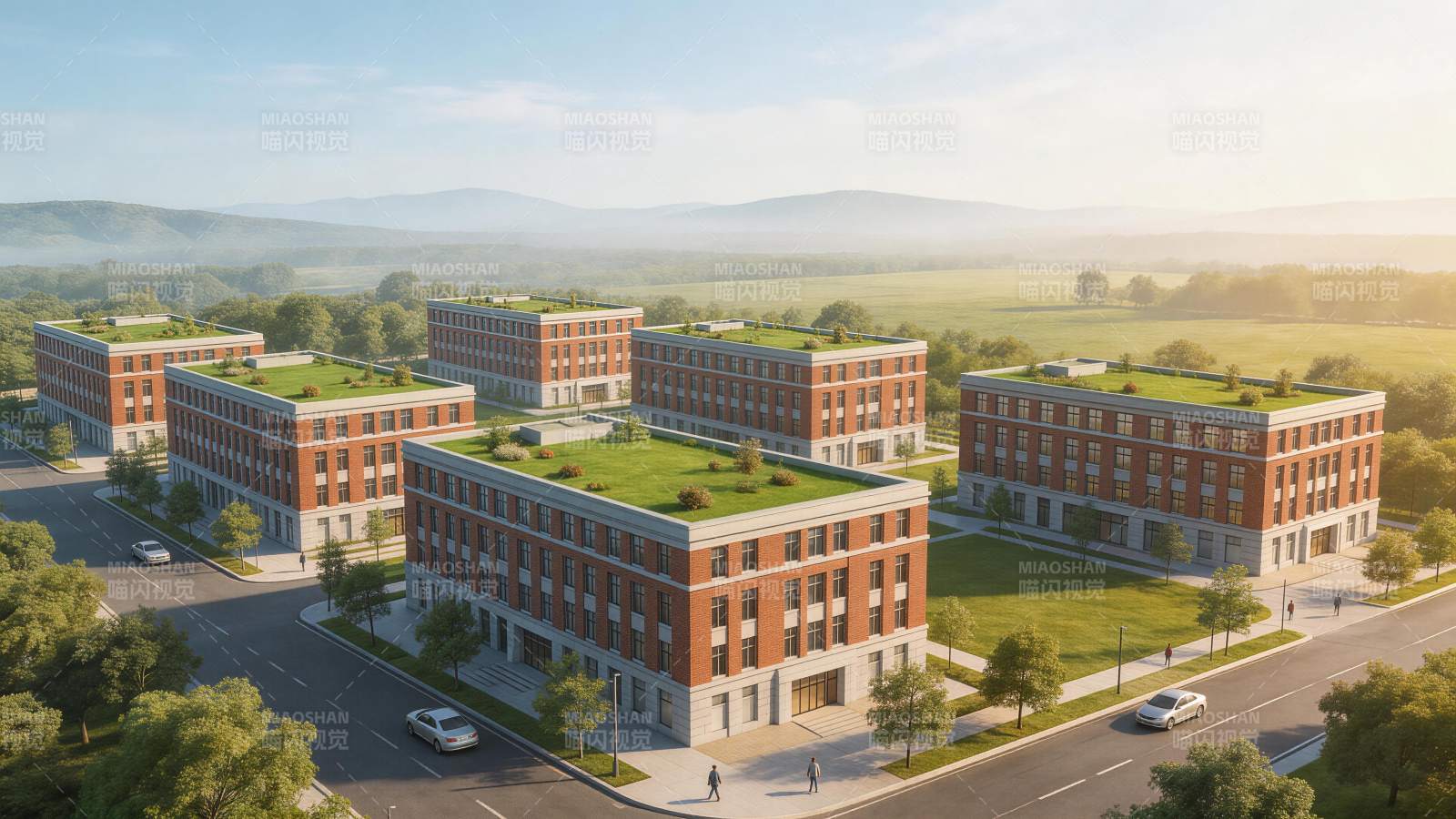 红砖建筑群配绿色屋顶与周边道路景观图片