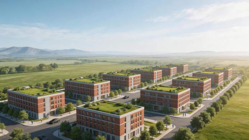 红砖建筑群配绿色屋顶与开阔田野景观图片