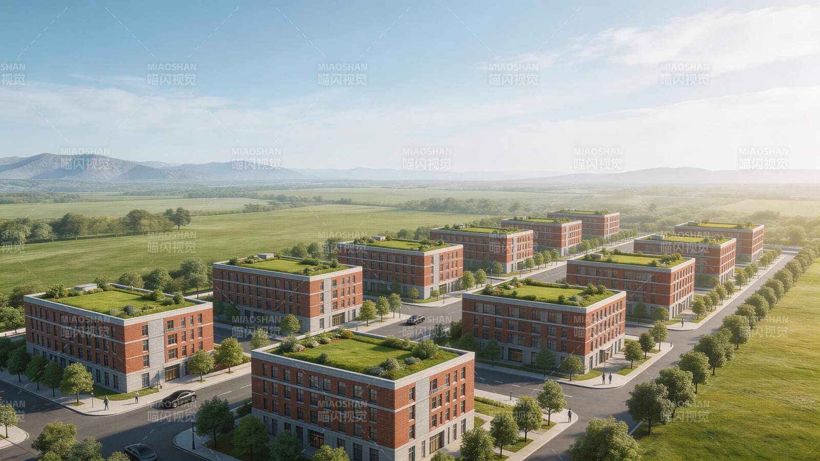 红砖建筑群配绿色屋顶与开阔田野景观图片