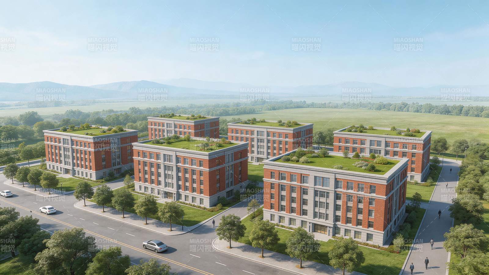 红砖建筑群配绿色屋顶与周边道路绿化景观图片