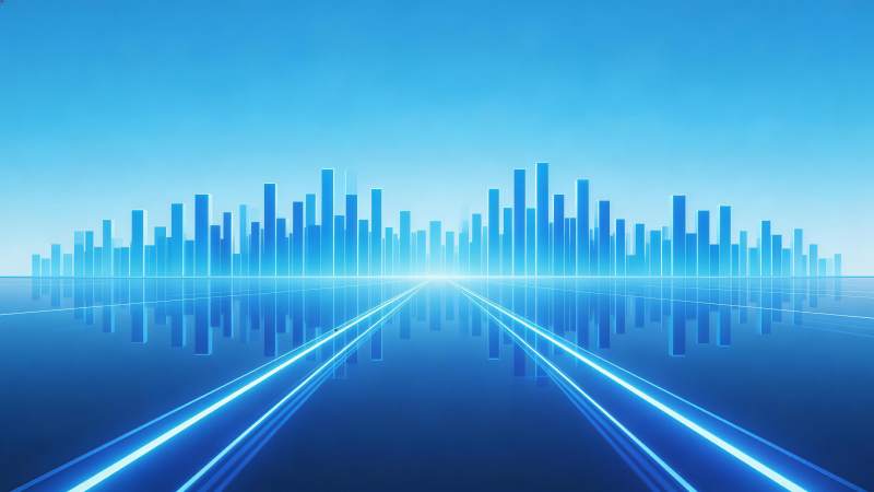 蓝色霓虹光效城市天际线与反射路面图片