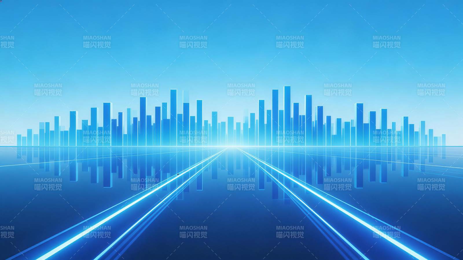 蓝色霓虹光效城市天际线与反射路面图片