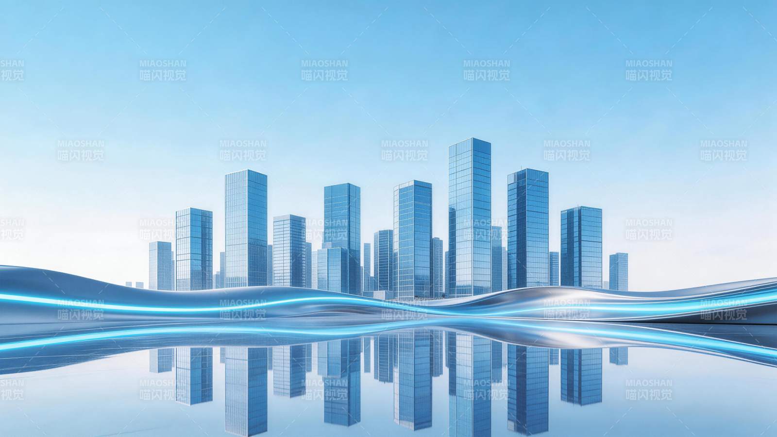 蓝色玻璃幕墙摩天大楼群与波浪形光带倒影图片
