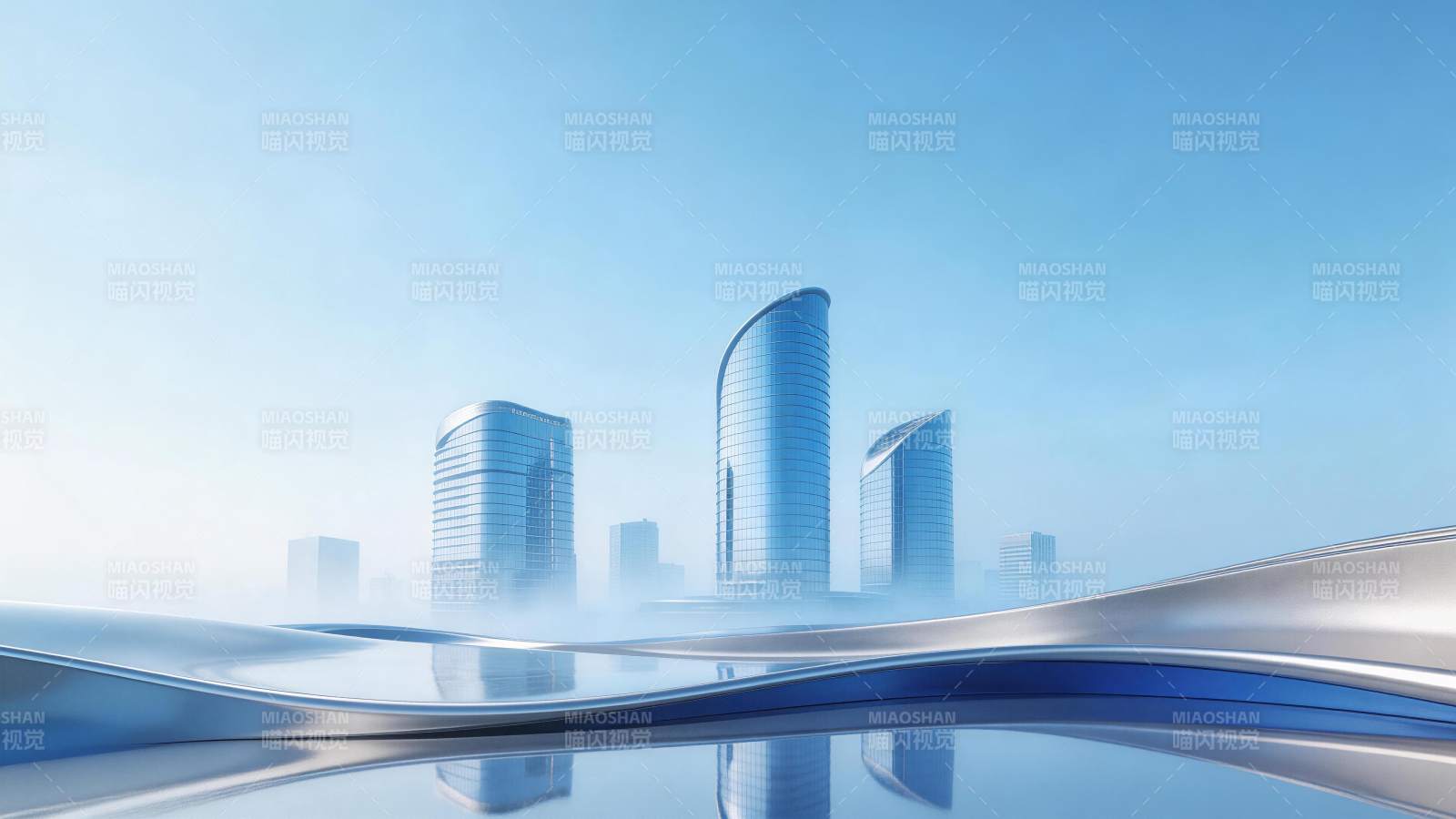 未来风格玻璃幕墙摩天大楼群与流线型前景图片