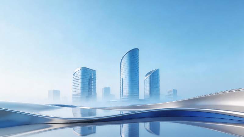 未来风格玻璃幕墙摩天大楼群与流线型前景图片