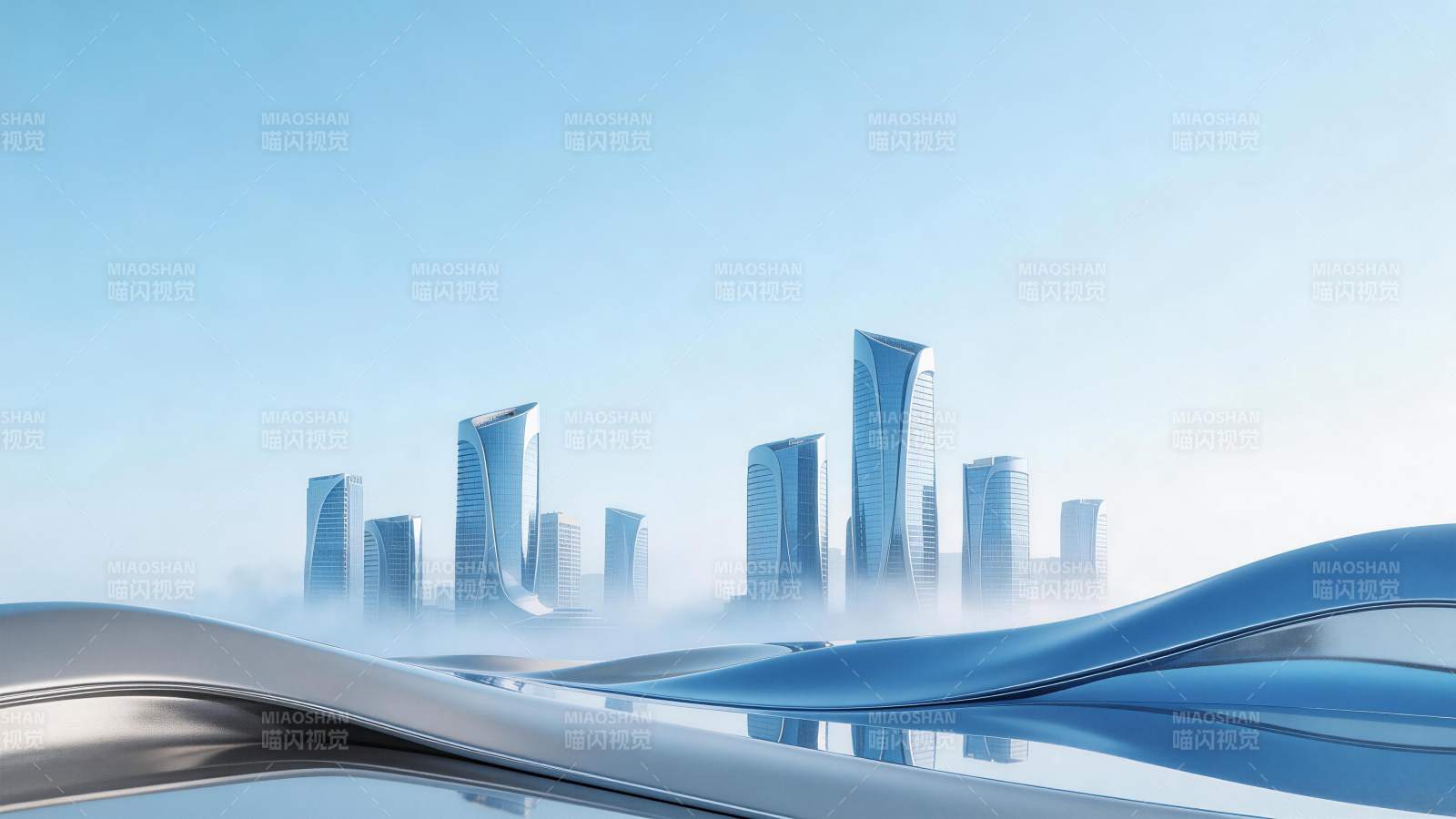 未来风格城市天际线与流线型金属结构图片