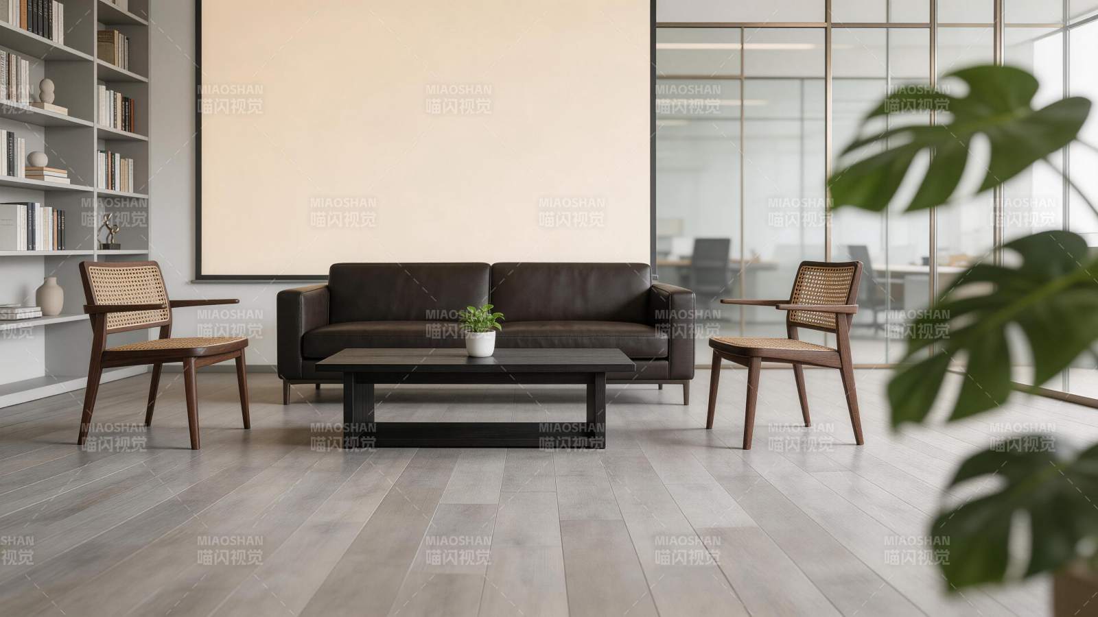 现代简约风格客厅布置含沙发茶几与书架图片