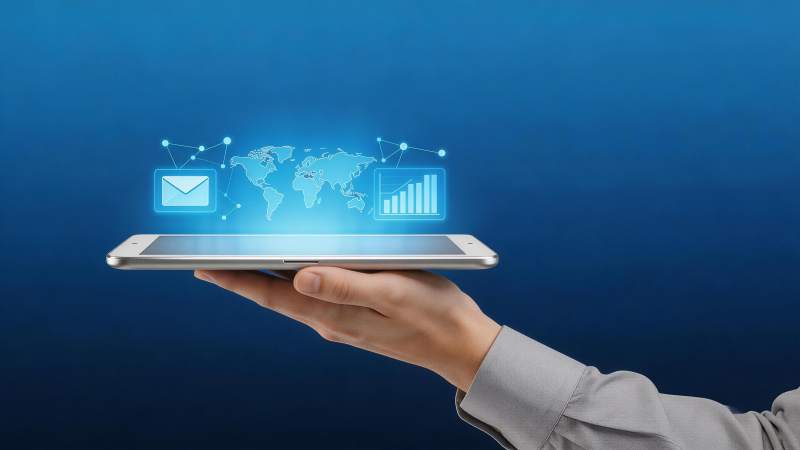 手持平板显示全球网络与数据图表投影图片