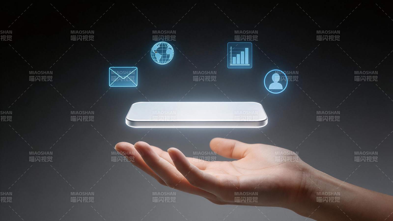 手掌托举悬浮手机与蓝色数字图标图片