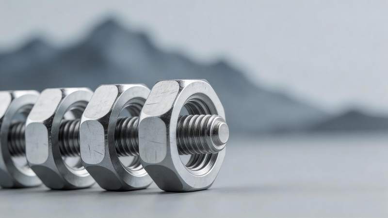 一排金属螺母与螺栓特写展示工业零件细节图片