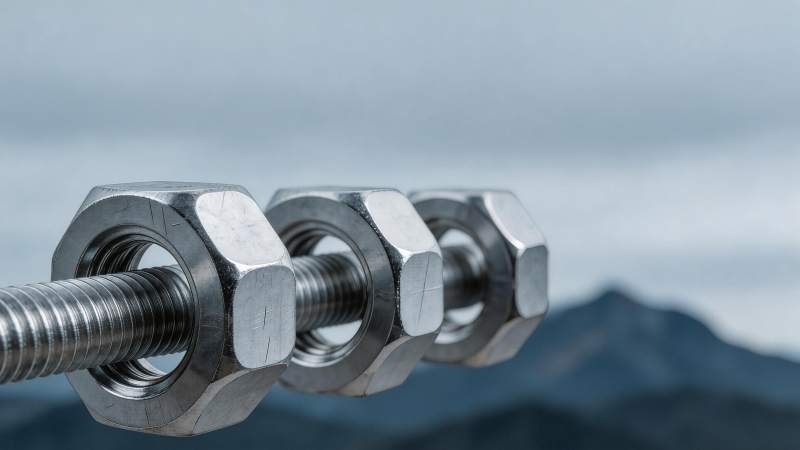 三颗金属螺母套在螺杆上的特写镜头图片