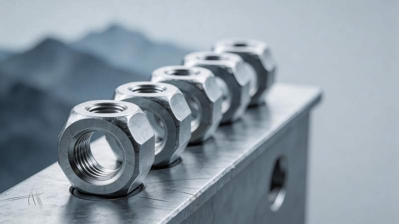 一排金属六角螺母整齐排列在金属构件上图片