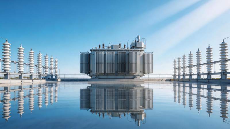 大型电力变压器置于水面反射环境中图片