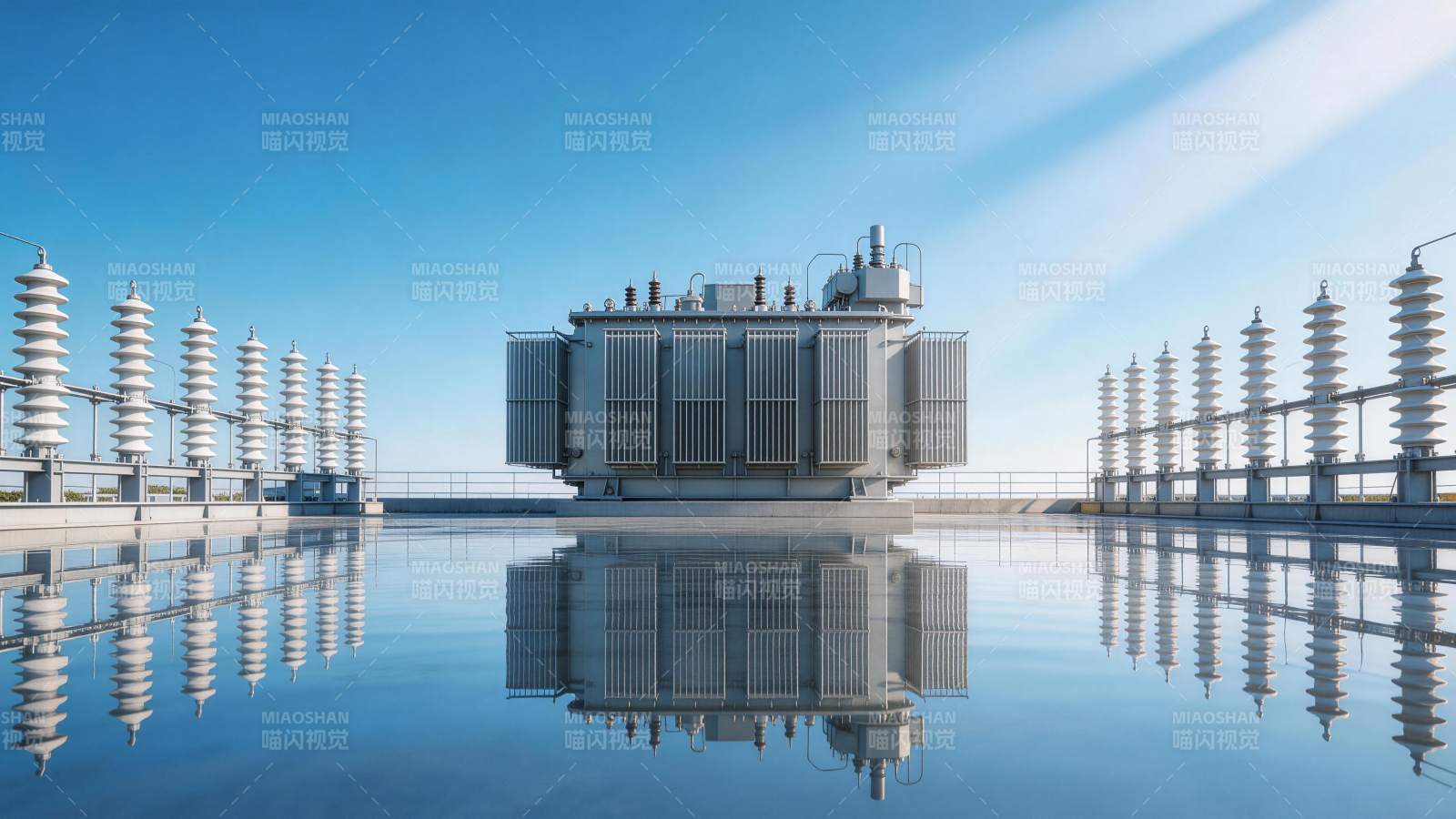 大型电力变压器置于水面反射环境中图片