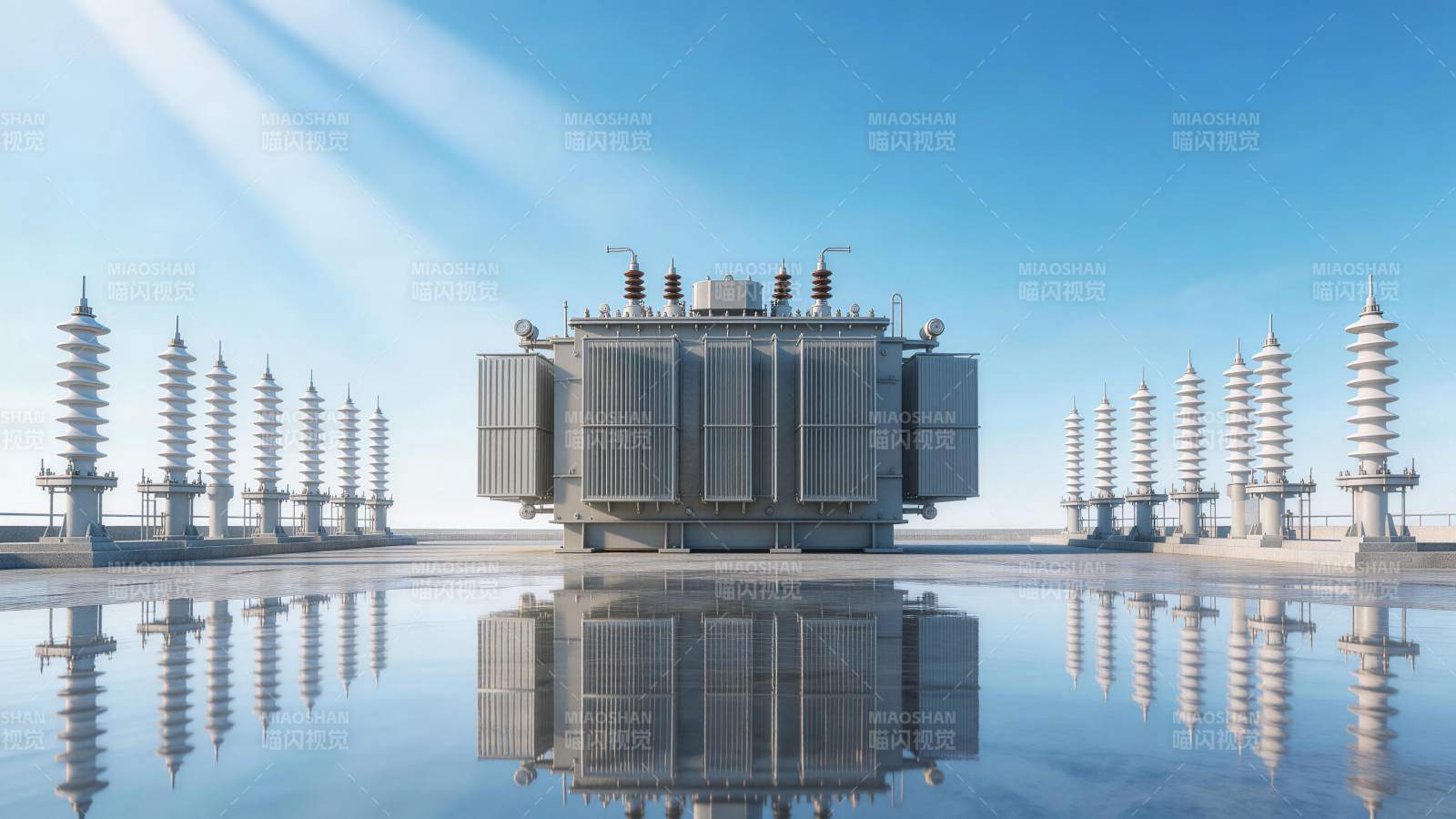 大型电力变压器与绝缘子阵列在晴空下的反射图片