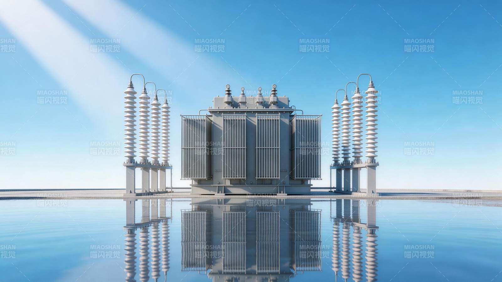 大型电力变压器置于水面反射环境中图片