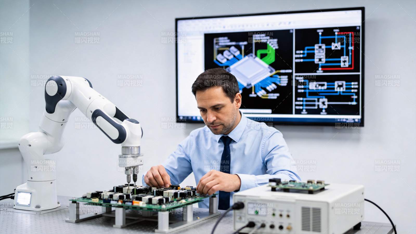 工程师与机械臂协同组装电路板图片