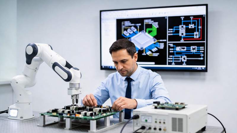 工程师与机械臂协同组装电路板图片