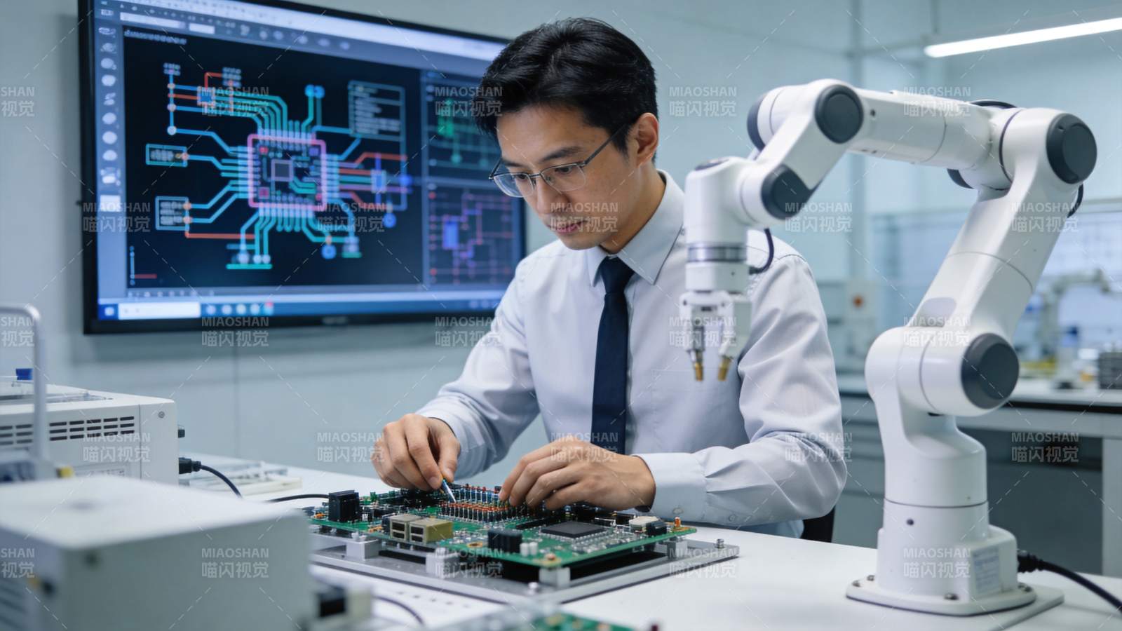 工程师操作电路板与机械臂协同作业场景图片
