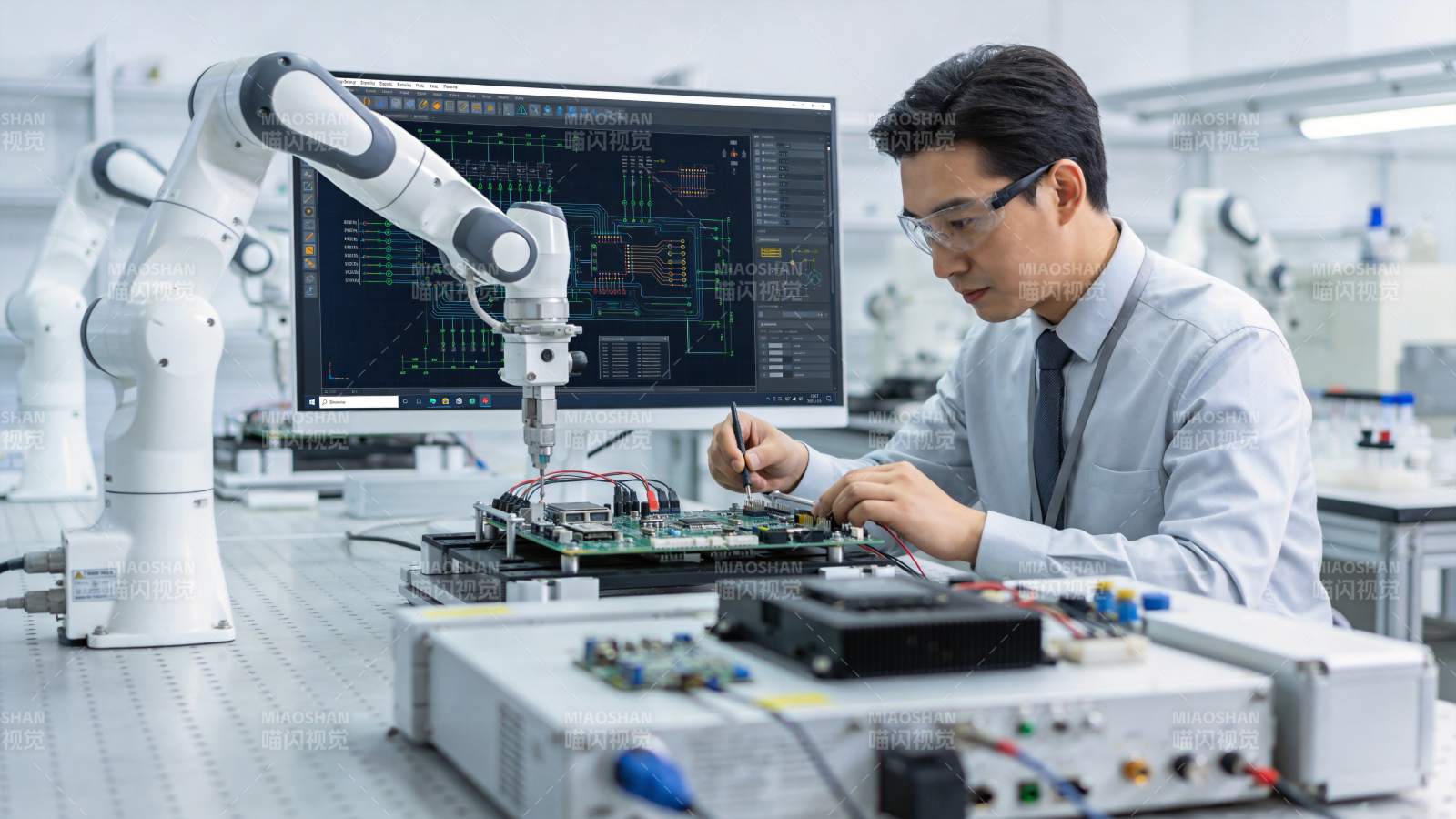 工程师操作机械臂进行电路板精密装配作业图片