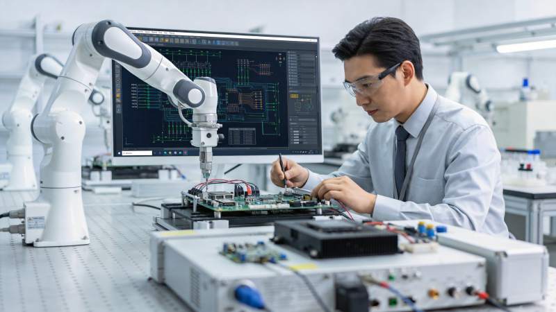 工程师操作机械臂进行电路板精密装配作业图片