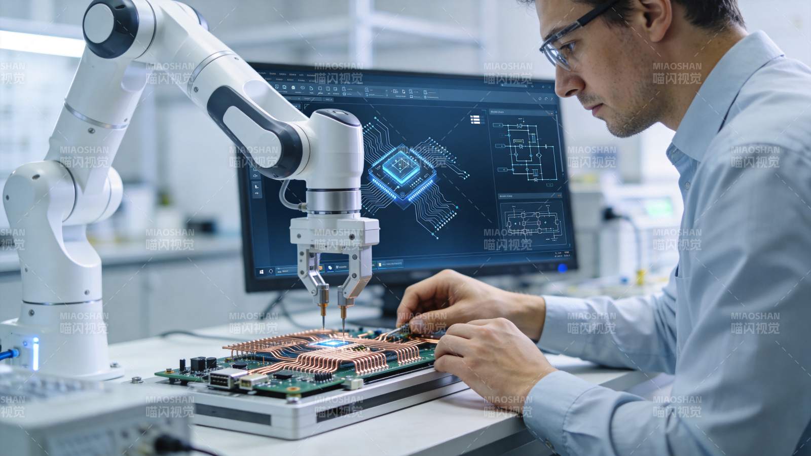 工程师操作机械臂进行电路板精密装配作业图片