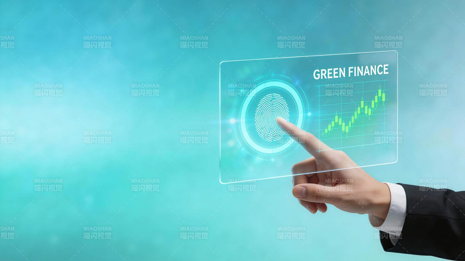 手指触控绿色金融全息数据界面图片