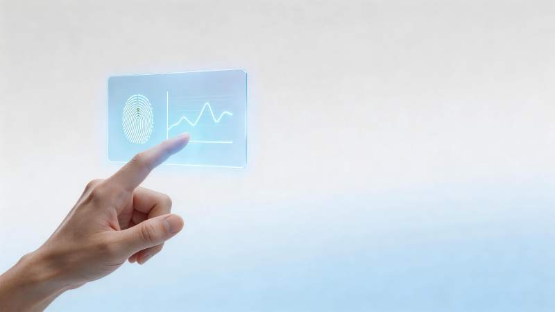 手指触碰全息指纹与数据图表界面图片