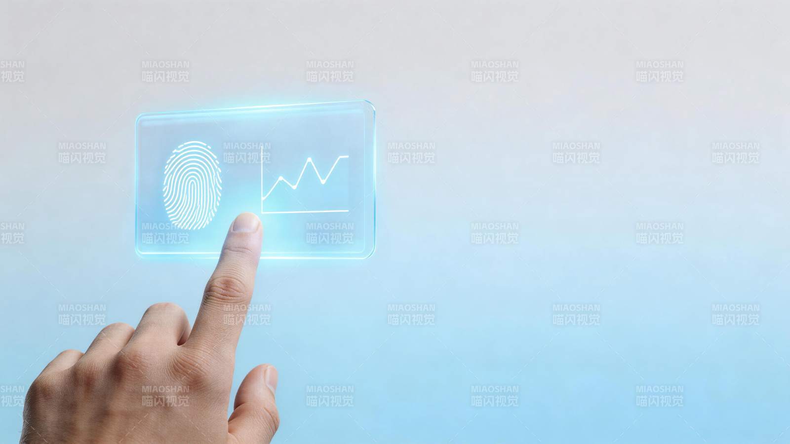 手指触碰透明屏幕上的指纹与数据图表图片