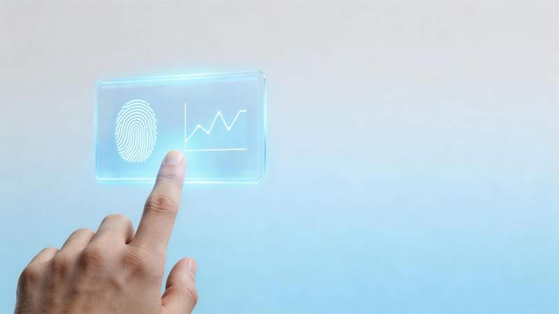 手指触碰透明屏幕上的指纹与数据图表图片