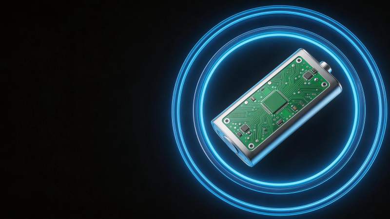 绿色电路板电池被蓝色光环环绕特写图片