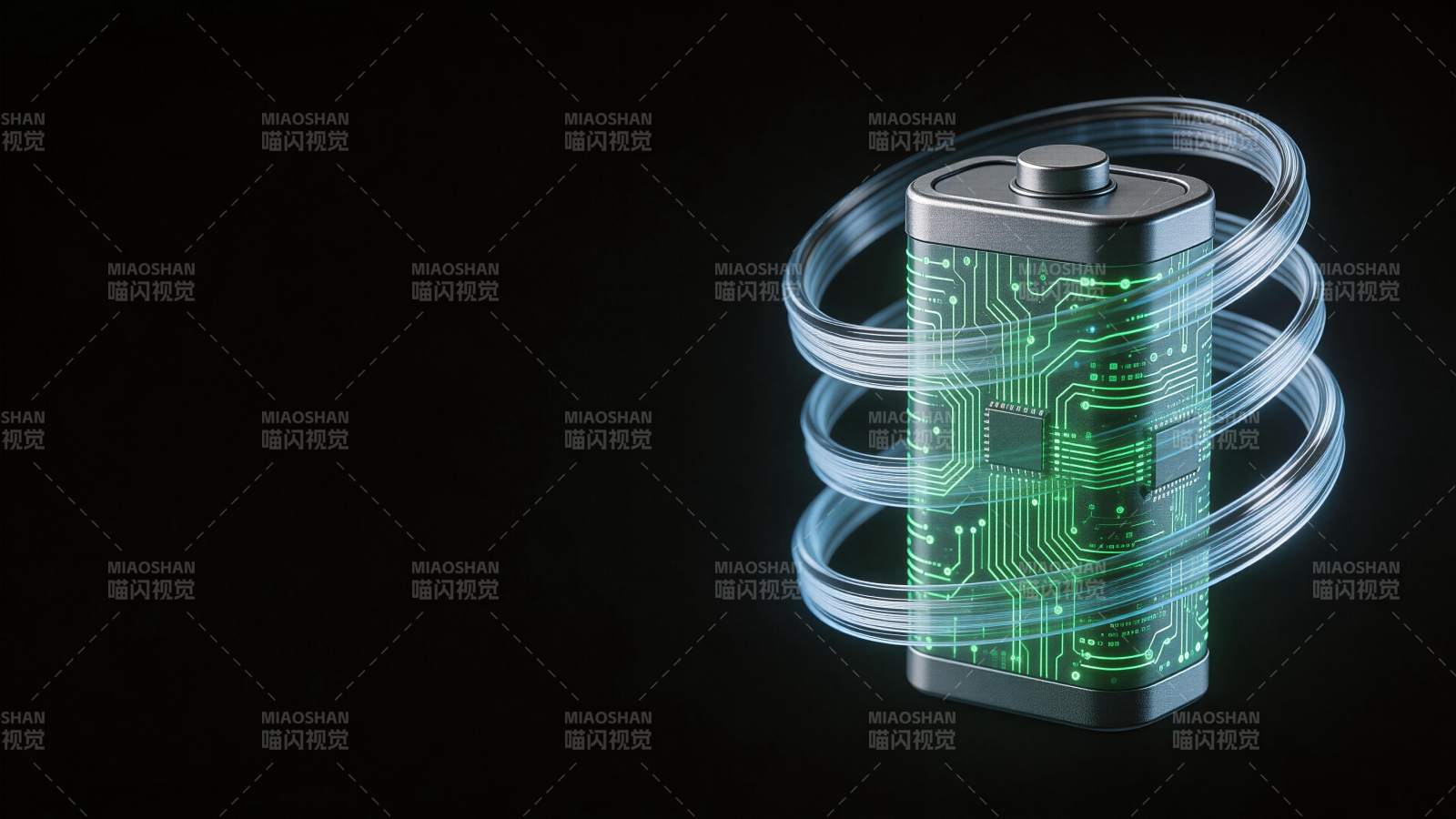 透明电池内部电路发光与环绕光带结构展示图片