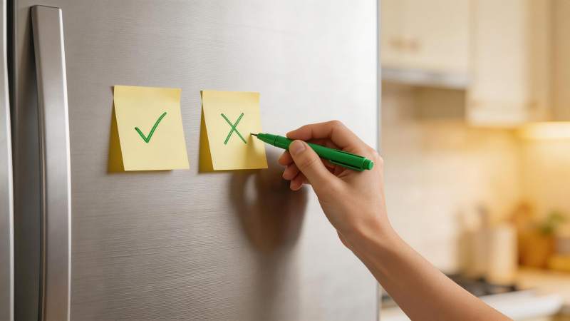 手握绿笔在冰箱贴纸上画叉号标记图片