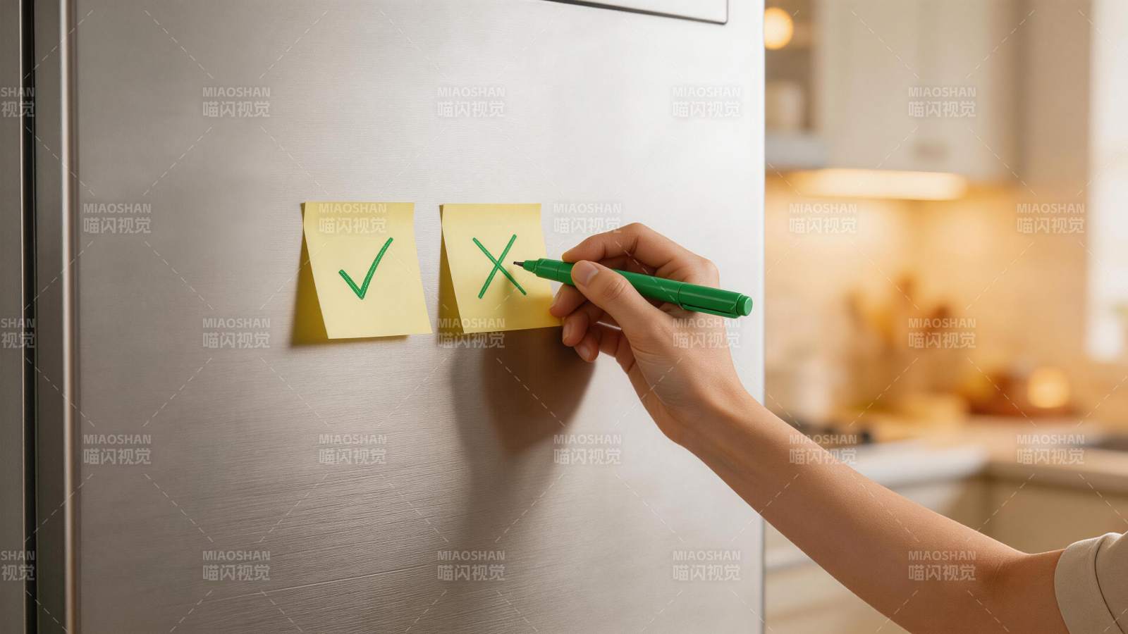 手用绿色记号笔在冰箱贴纸上画对勾叉号图片