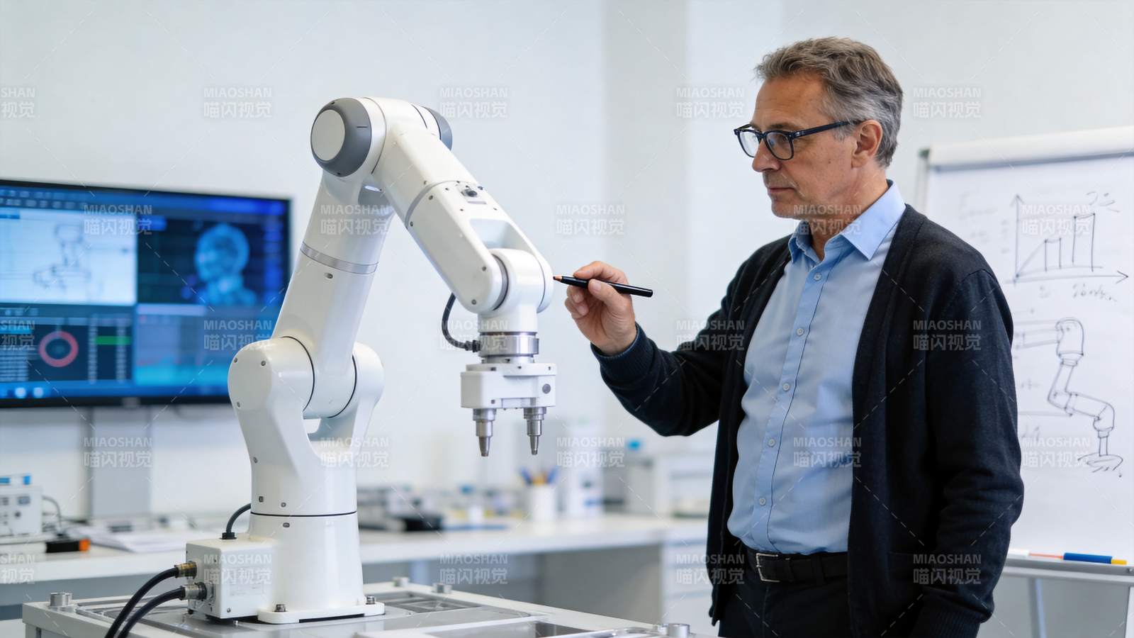 工程师手持笔校准工业机械臂操作设备图片