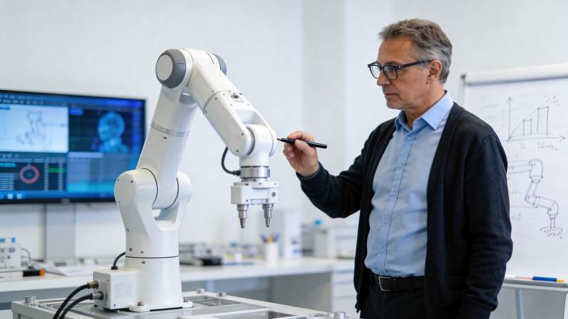 工程师手持笔校准工业机械臂操作设备图片