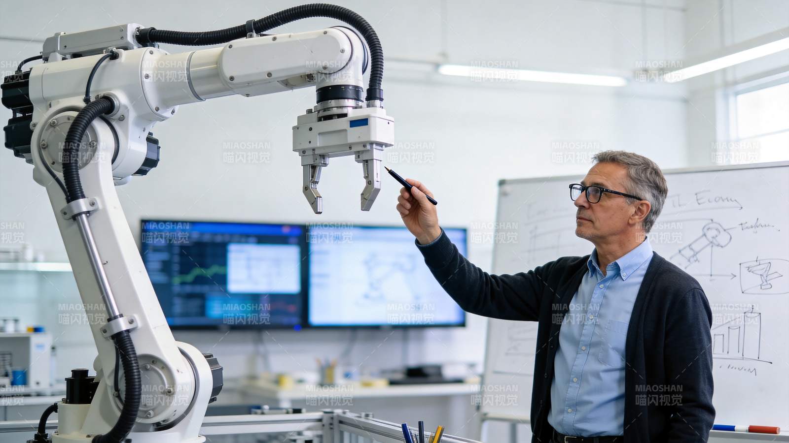 工程师手持笔指向机械臂进行技术调试图片