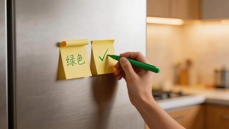 手用绿色记号笔在冰箱贴纸上画对勾图片