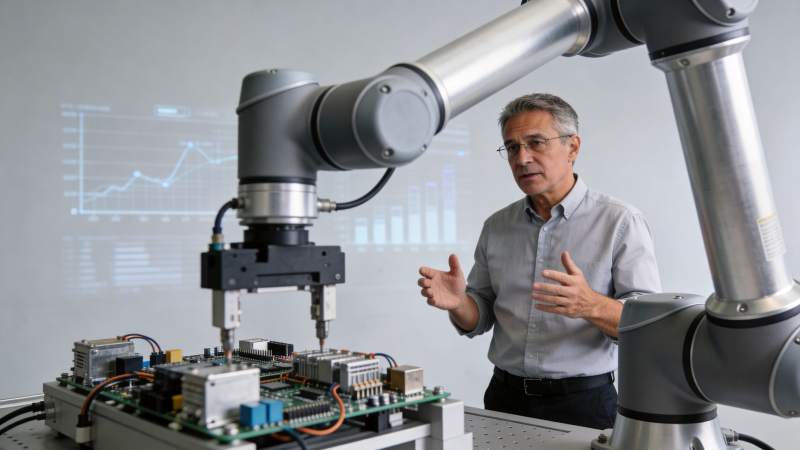 工程师操作机械臂进行电路板装配作业图片