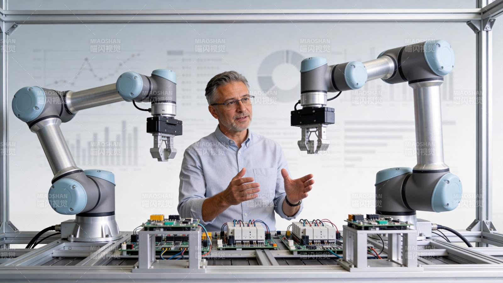 工程师讲解工业机器人协作装配作业流程图片