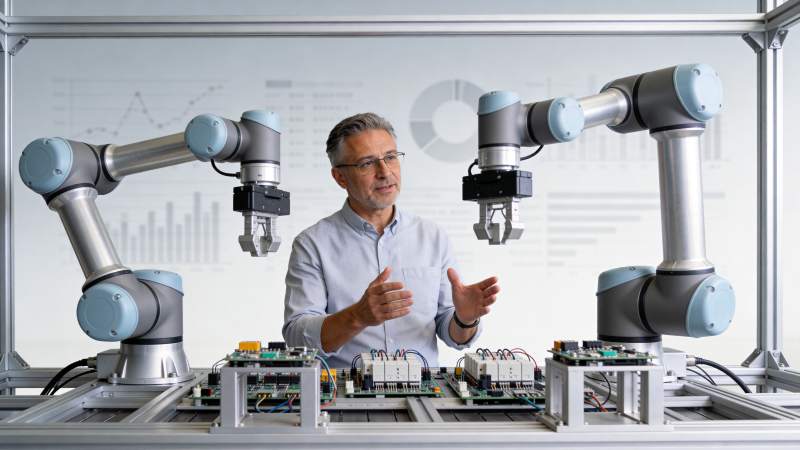 工程师讲解工业机器人协作装配作业流程图片