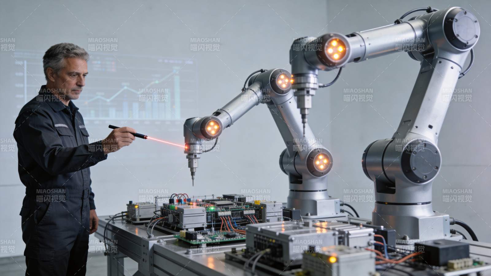 工程师操作激光笔校准工业机械臂作业图片