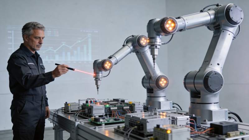 工程师操作激光笔校准工业机械臂作业图片