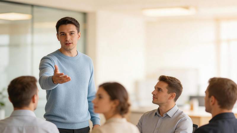 办公室内男性站立讲解团队围坐聆听场景图片