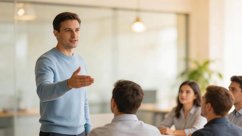 男士站立向多人讲解工作内容场景图片